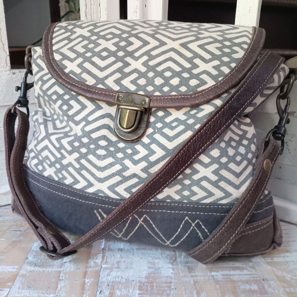 Myra Bag Cranky Crossbody Boho Shoulder Bag Purse Upcycled Canvas & Leather Nice
